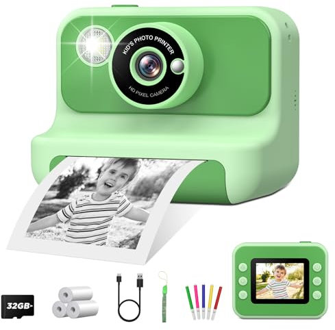 Appareil Photo Enfant Instantané,LETSHAHA 1080P 20MP 10X Appareil Photo Instantané Enfant avec 3 Rouleaux Papier Thermique Noir Blanc, Carte 32 Go,Cadeau pour Enfants de 3 à 12 Ans Garçons et Filles