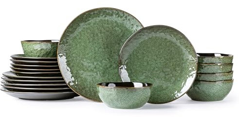 Juego de vajilla para 6,18 piezas de platos y cuencos de cerámica con borde ondulado, resistente a los golpes y a los arañazos, juego de vajilla apto para horno, lavavajillas y microondas