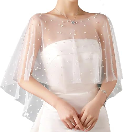 NICENEEDED Wedding Bridal Shawl, White Faux Pearl Cloaks, Soft Tulle Capelet Beaded Cover Up, Evening Dress Shawl Prom Party Accessories for Women