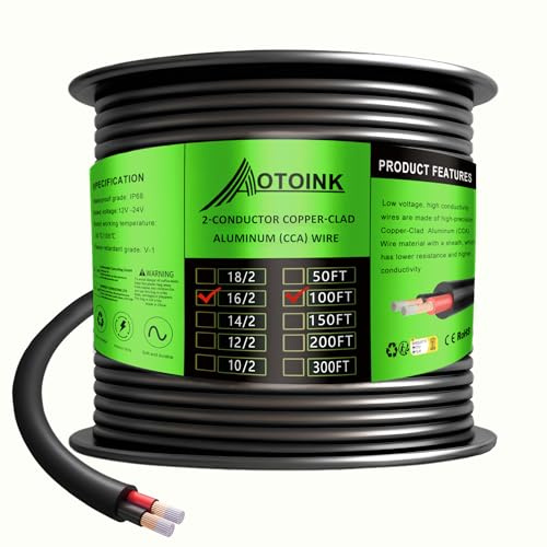 AOTOINK 30,48 Metros 2 Conductores Cable de Calibre 16 Aluminio Revestido de Cobre Alambre Eléctrico Cable de Extensión 16/2 CCA 16 AWG para Altavoces, Tiras LED, Automotriz, Lámparas