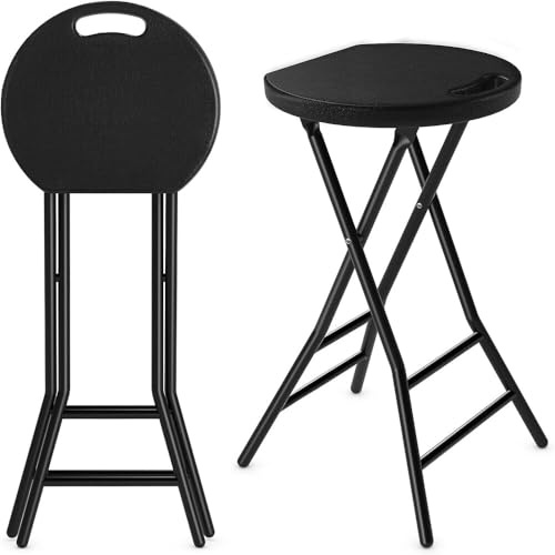 Folding Stool, 2 Pcs 24 inch Backless Folding Bar Stool w/Portable Handle Collapsible and Plastic Round Fold Stool Chair with 550lbs for Dorm, Kitchen, Vanity, Church, Garden Black