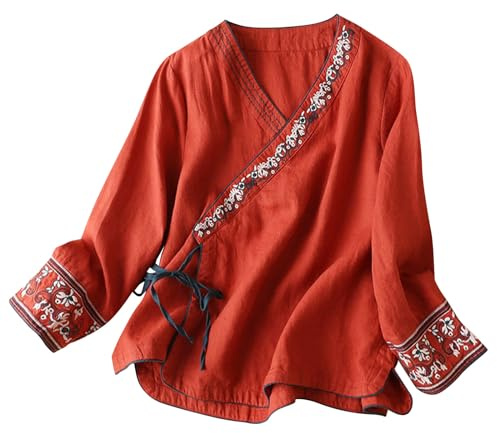 Top a maniche lunghe da donna con ricamo floreale avvolgente con scollo a V camicetta vintage stile etnico cravatta frontale camicie casual orientali camicette da donna abbigliamento tradizionale