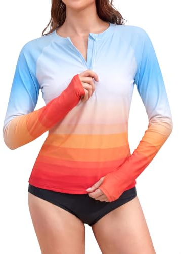 SHEKINI Rash Guard for Women UPF 50+ Long Sleeve Swim Shirts 1/4 Zip Sun Protection Tops with Thumb Hole, Blue Orange Gradient, Medium
