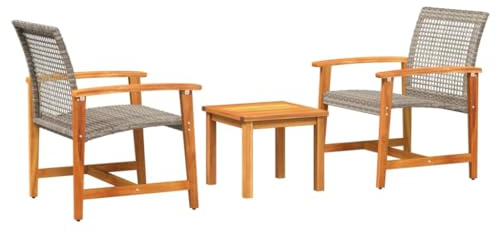 Genérico Juego de Bistro de 3 Piezas ratán PE Gris y Madera de Acacia,Mobiliario,Muebles de jardín,Asientos de Exterior,Sofás modulares de Exterior,Gris,16.8 kg,367602