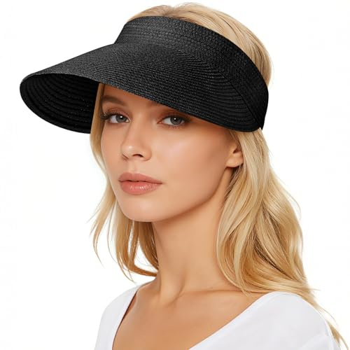 YEAMLTE Visiere Femme Soleil, Visiere Paille Femme Chapeau, UPF 80+ Pliable Visor Cap, Chapeau de Plage D'été, Casquette Visiere Femme, pour Plage Vacances, Pique-Niques, Voyages