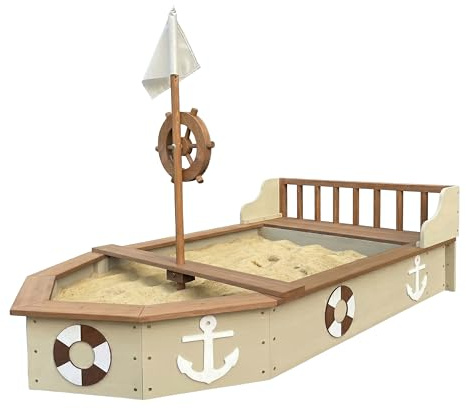 AXI Doris Sabbiera in legno, Sabbiera in legno a forma di barca - Beige | Sabbiera barca, Timone girevole sull'albero maestro | Include vela e panno di terra 153 x 90 x 100 cm circa 180 kg di sabbia