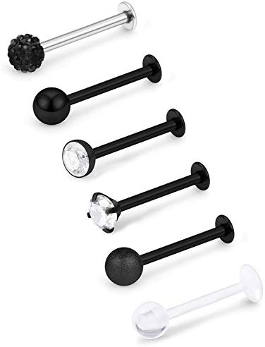 Mayhoop 6Piezas 16G Piercing Oreja Tragus Helix Acero Quirúrgico Negro Bola Zircón Labio Labret Studs Anillo de Labios Daith Cartílago Mujer Hombre Joyería de Piercing