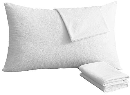 Bedecor Set 2 x Federe Copricuscini Impermeabili 40x70cm in Spugna Cotone, Traspiranti Ipoallergenici con Cerniera Laterale Bianca Copriguanciale