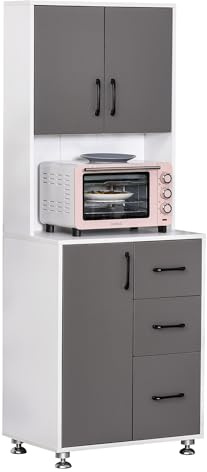 HOMCOM Buffet Haut Cuisine, Armoire de Cuisine, vaisselier avec 3 Portes, 3 tiroirs et Plan de Travail, Meuble de Rangement pour Salon, Salle à Manger, Style Moderne, 60 x 40 x 160 cm, Gris