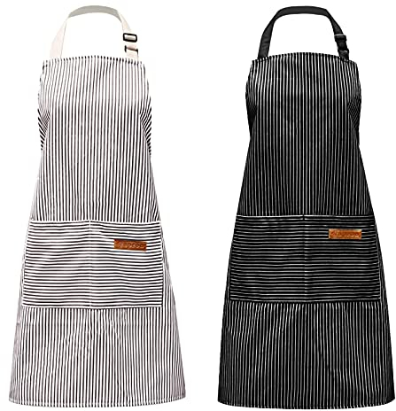 Pinsheng 2 Piezas Delantales de Algodón por Rejilla a Rayas, Delantal Cocina con Bolsillo por Cocinar Jardinería Pintura, Delantales Ajustables para Cocina Restaurante Jardín(Negro, Gris)