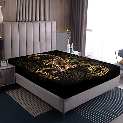 Golden Scorpion Spannbetttuch 140x200,Exotisch Stammes Retro Thema Luxus Bettwäsche, für Erwachsene Frauen Männer Gotisch Stil Spannbetttücher Schwarz Gold Mandala Dekor Vintage Bettwäsche Dekor Se