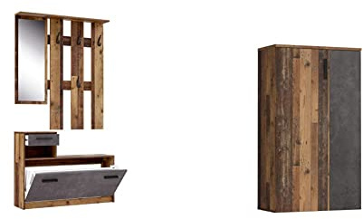 Forte Foxi Kompaktgarderobe, Old Wood Vintage Dekor, 97.5 x 25 x 180 cm & Boots Schuhschrank klein mit 2 Türen, Holzwerkstoff, Old Wood Vintage Dekor + Betonoptik Dunkel, 68.90 x 34.79 x 120,41 cm