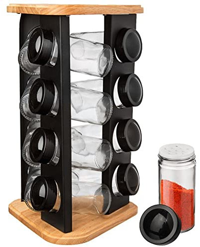 orion group Soporte para especias, carrusel para especias, giratorio, con 12 recipientes de cristal, resistente, de madera y metal, 18 x 18 x 29,5 cm