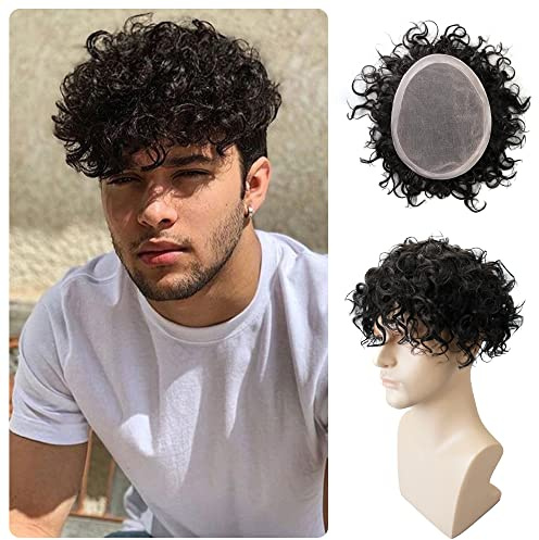 Lordhair Parrucca riccia per uomo, toupet capelli veri, sistema di sostituzione dei capelli (18 * 23CM,Jet Nero 1#, Curvatura 20MM)