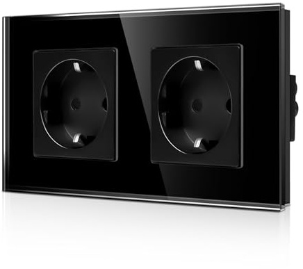 CNBINGO Glas Doppelsteckdose Unterputz in Schwarz - Zweifach Schuko Steckdose mit Kindersicherung - 16 Amp Schutzkontakt Wandsteckdose mit Glasrahmen