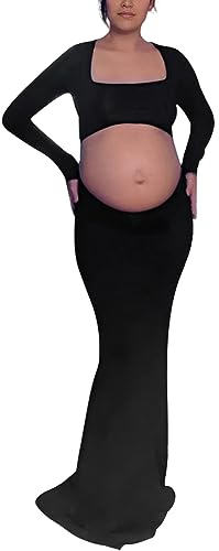 Bhome Maternity Photoshoot Dress Long Sleeve Sexy Cut-out Backless Maternity Maxi Gown Photography Outfits Black L