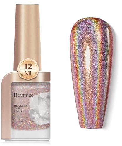 Bevimee Holographic Nail Polish 12ML Fast Drying Iridescent Chameleon Sparkly Nail Polish Rainbow Effect Shimmer Glitter Dark Brown Holo Nail Lacquer Polish Nail Art-No Require Cured 1PCS