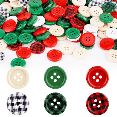 300 Stück Weihnachtsknöpfe Holz, 20mm Knöpfe zum Basteln, 4 Loch Büffelkarierte Dekorative Holz Rot-Grüne Weihnachtsknöpfe zum Nähen (6 Stile)