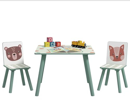 ZONEKIZ Set 3 Pezzi con Tavolo e 2 Sedie per Bambini da 3-8 Anni in MDF e Legno di Pino, Tavolino per Bambini e Seggiole con Disegni di Animali, Verde