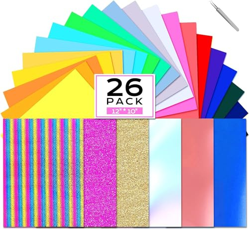 CHEPULA 26 Pack HTV Heat Transfer Vinyl, 12 x 12 Glitter Colors, Permanent Iron on Vinyl for Cricut, DIY T-Shirt, Clothes, Hats & Textiles