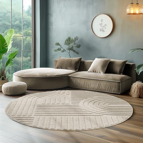 SIMPEX Teppich Rund 160 cm Beige, Hochflor Wohnzimmer Teppich, Weich & Flauschig, Skandinavisch Boho Stil, Langflor Shaggy, Pflegeleicht, Jute Rückseite