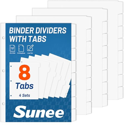 SUNEE Binder Dividers with Tabs for 3 Ring Binder, 8.5 x 11 Paper White Binder Dividers Blank with 8 Tabs, 4 Sets Page Dividers for School, Office and Home, 32 Dividers