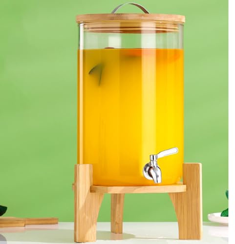 Hisredsun 7L Iced or Hot Glass Drink Dispenser with Stainless Tap | Dishwasher safe and includes bamboo stand,Thickened high borosilicate glass withstands -20°C to 150°C