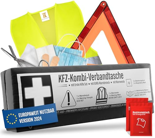 KFZ Kombitasche (3 in 1) nach aktueller Norm 2025 - Inkl. Warndreieck, Warnweste - Verbandskasten Warndreieck Set Verbandskasten Auto DIN 13164:2022 (StVO konform)