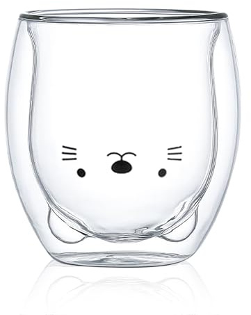 Tazza in vetro a doppia parete per gatti, bicchiere a doppia parete, per latte macchiato, 250 ml, per cappuccino, latte macchiato, tè, latte, ghiaccio, birra