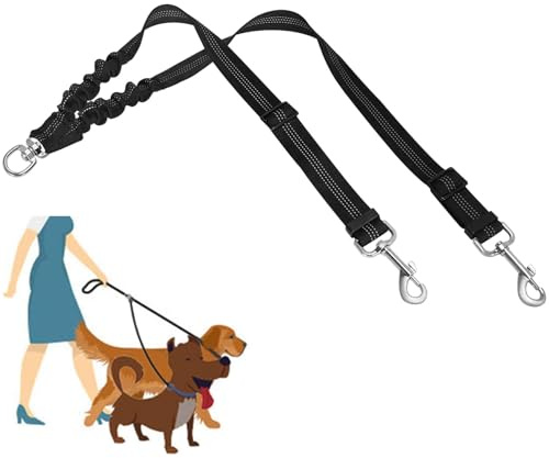 Parthan Reflective Double Dog Lead for Walking 2 Dogs No Tangle, 360° Swivel No-Tangle Coupler, Heavy-Duty Bungee Splitter for Medium Dogs (Black)