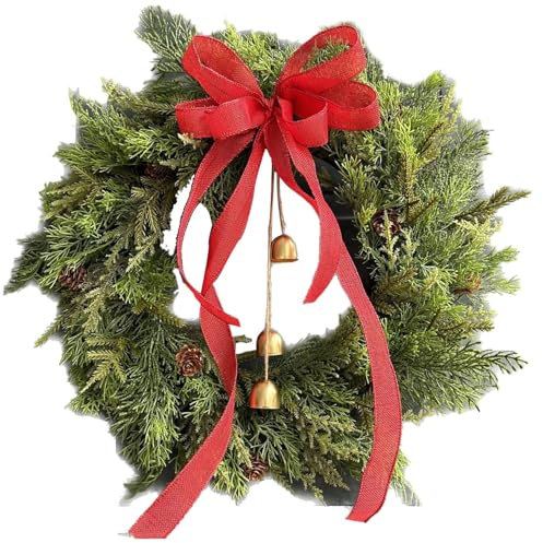 30x30cm Weihnachtsdekoration Weihnachtstürkranz Türkranz Weihnachten Außen Weihnachts Glockenkränze Fühlt Sich Echt An Große Rote Schleife Kiefern-Kuhglocken Tannenzapfen-Ornamente