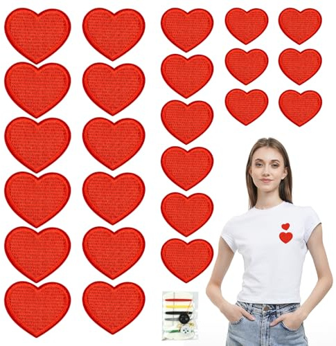 Toppa termoadesiva a forma di cuore, con cuore rosso, da applicare con ferro da stiro, per vestiti, giacche, zaini, jeans, cappelli, borse (24 pezzi)