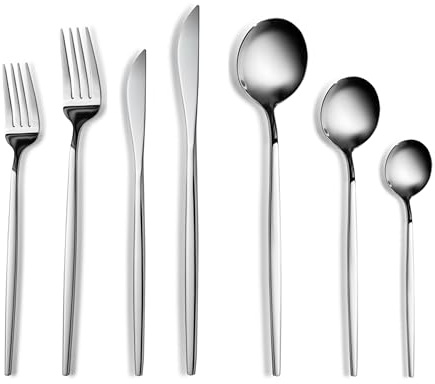 Karaca Orion - Set di posate in platino per 12 persone, lavabili in lavastoviglie, 84 pezzi, argento