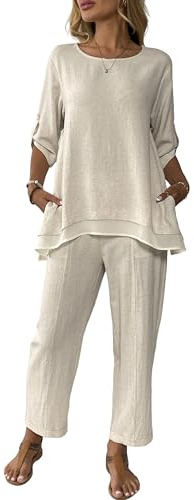 Women's Linen 2 Piece Outfits Rolled Sleeves Tops Wide Leg Trouser Pants Suits Summer Casual Dressy Linen Sets Beige