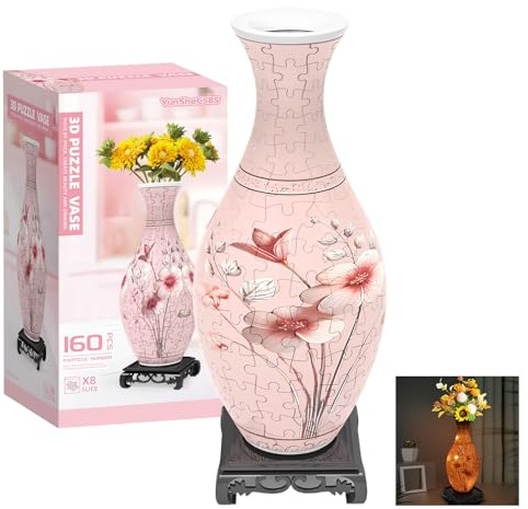 3D Puzzles Vase for Adults, Crafts for Adults, Gifts for Mom, 160 Pieces Plastic DIY Unique Flower Vase with LED Light House Warming Gift Birthday Gifts for Flower Arrangements and Home Decor (Pink)
