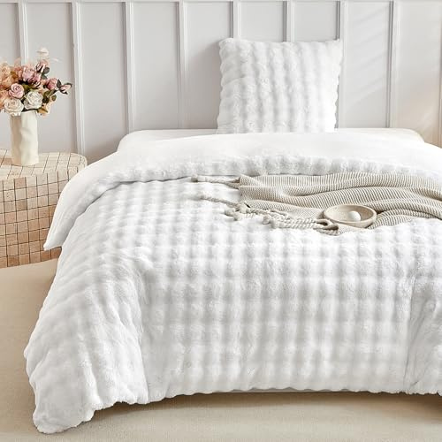 Lekesky Biancheria da Letto Soffice 135 x 200 cm - Biancheria da Letto Soffice Realizzata in Imitazione di Pelliccia di Coniglio Soffice - Biancheria da Letto Bianca Invernale 135 x 200 cm con