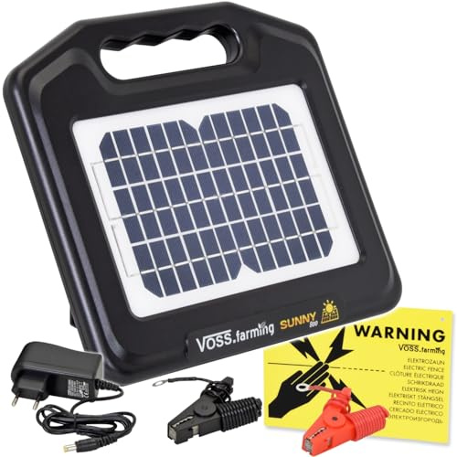 VOSS.farming Weidezaungerät Sunny 800, 9.500V mit Solarmodul 5W, Akku 12V AMG 7,2Ah, Elektrozaungerät, Stromgerät Weidezaun, Elektrozaun mobil