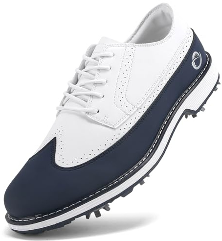 PENXZT Chaussures de Golf pour Hommes avec 9 Crampons, Baskets de Sport en Cuir imperméables, légères et antidérapantes pour Le Golf,C,42.5 EU