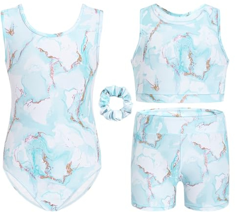 Gogokids Barn-gymnastik-leotard set i 4 delar, barngymnastikkläder med blomtryck leotard, crop-topp, shorts och hårband | danskläder för balett, yoga, föreställningar | ålder 3–12 år, Turkos, 140(130
