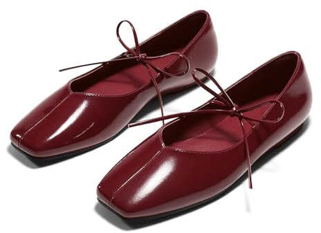 Coutgo Womens Mary Jane Flats Lace Up Square Toe Ballet Ballerina Flats Slip On Comfortable Dressy Shoes, Burgundy Patent Leather, Size 7