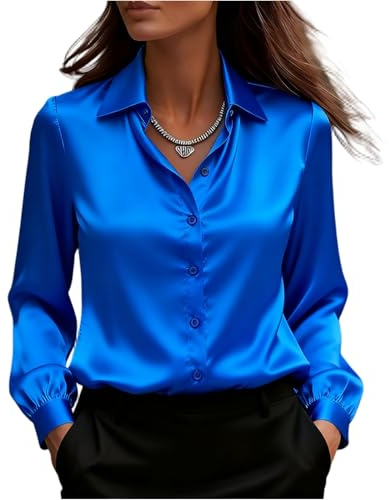 Chemisier Satin Femme,à col en V La Soie Élégante Blouse Chic Manches Longues Chemise Boutons Ample à Manches Longues Chemisier de Soirée Business Top Bleu M