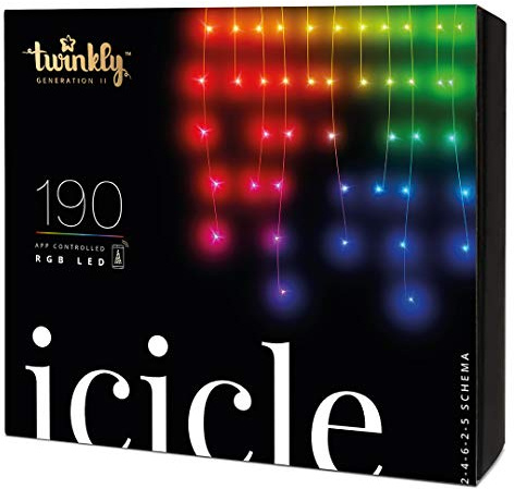 Twinkly Icicle 190 LED RGB, Luci a Cascata LED Esterno e Interno, Luci LED Smart Multicolore RGB, Compatibile con Alexa, Google Home, IP44, Controllo da App, Filo Trasparente, 5.5m
