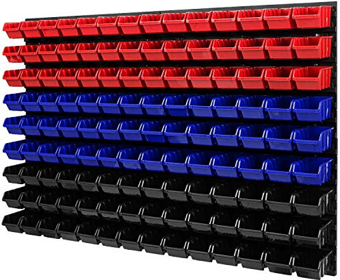 Wandregal Stapelboxen - 1152 x 780 mm - 126 tlg. Boxen Lagersystem Werkzeuglochwand Schüttenregal (Rot/Schwarz/Blau)