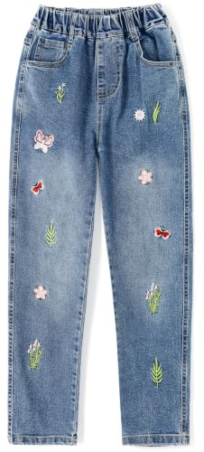 KIDSCOOL SPACE Pantalones de Mezclilla Ajustados con Bordado de Hierba de Mariposa para Niñas Pequeñas, Mariposa Roja,12-13 Años
