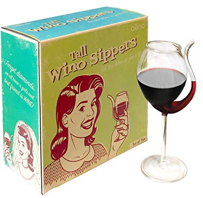 Oenophilia Tall Wino Sippers - Set of 2, Funny Wine Gifts, Glass Straw Sipper, Port-Style Wine Accessories