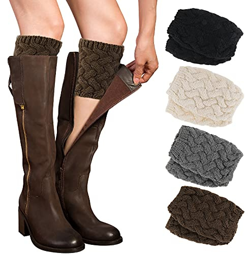PHOGARY 4 Pairs Winter Warm Boot Cuffs for Women, Crochet Knitted Boot Socks for Gilrs Short Leg Warmers Boot Topper Socks Leg Cuffs Boot Warmers Gift for Girls (Style D)