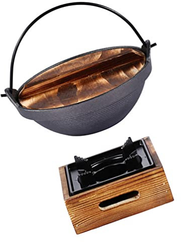 Housoutil Sukiyaki Pentola di Nabemono Pentole Giapponesi Pentola da Minestra Singola Forno Smaltato del Calderone da Campeggio in Ferro Una di Legno