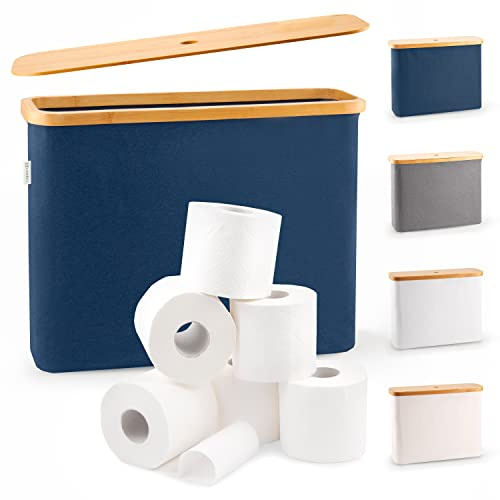 LONBET para 12 Rollos Almacenaje Papel Higienico con Tapa de Bambú - Almacenamiento Baño Plegable e Impermeable - Diseño Elegante y Apilable con Montaje Rápido - Toilet Paper Storage, Azul
