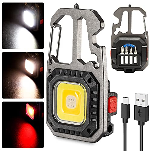 Rugtol Cob Keychain Work Light, Cob Rechargeable Key chain Light, 1000lumens Keychain Torch Led Super Bright with 7 Lights Modes, Mini Keyring Torches with Screwdriver Bottle Opener for Outdoor Hiking
