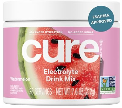 Cure Hydration | Plant-Based Electrolyte Drink Mix | No Added Sugar | FSA-HSA | Dehydration Relief Powder Made with Coconut Water | Non-GMO | Vegan | 28 Servings Jar - Watermelon